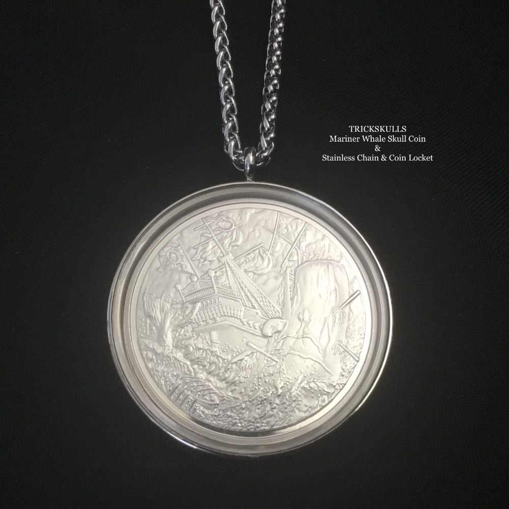 Mariner Whale Skull Moby Dick Ship Coin & Stainless Wheat Link Chain and Locket